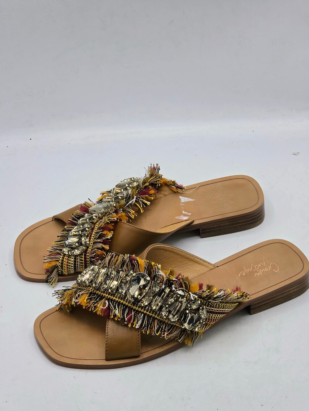 Crown Vintage Somaya Embellished Fringe Flat Sandals Tan Brown 9M - Picture 5 of 16